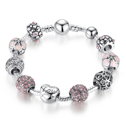 Silver Charm Love and Flower Beads Braclet